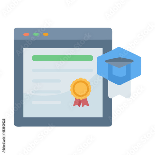 Online degree program graphic illustration, diploma with graduation cap