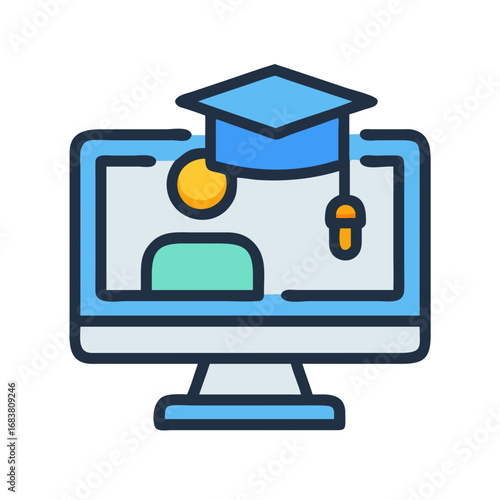 Computer displaying an online education interface and graduation cap