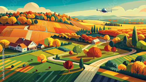 very beautiful  Farm autumn landscape, agricultural fields, beautiful green, yellow, orange and beige countryside, country road. Nature Illustration, photorealistic top view drone