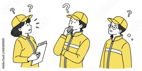 Three people wearing yellow uniforms and caps are looking up with question marks above their heads, looking confused.