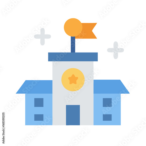 Simplified school building illustration with flag and star element