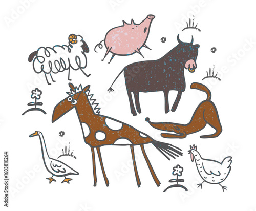 Funny doodle farm animals collection with cartoon vintage rustic style