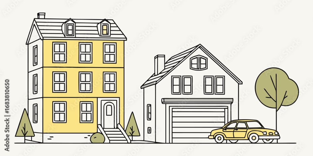 Fototapeta premium Stylized drawing of a neighborhood featuring a multi-story yellow house, a single-story house with a garage, and a parked car.