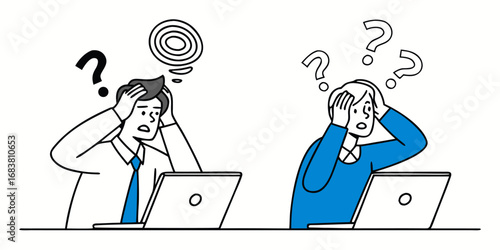 Two people looking confused and stressed while working on laptops, with question marks.