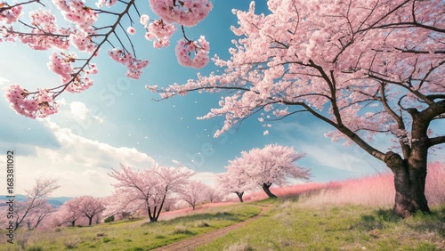 spring landscape with cherry blossom. Beautiful cherry blossom trees in full bloom. copy space