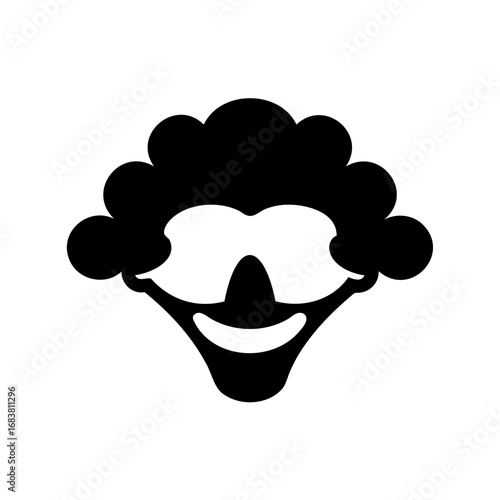 Silhouette of a stylized clown face with a prominent nose and wig