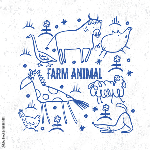 Funny doodle farm animals collection with cartoon vintage rustic style
