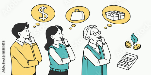 A multi-generational family illustration showing people thinking about money, shopping, and financial planning.