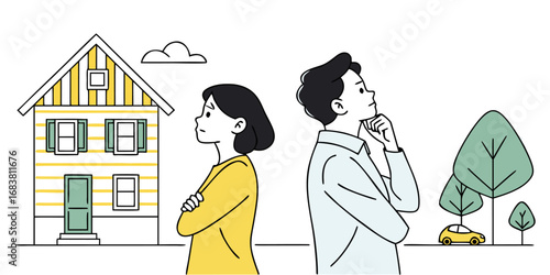 Illustration of a couple standing back to back, contemplating their future with a house and car.