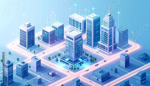 Wallpaper Mural Futuristic isometric city illustration with glowing smart buildings an Torontodigital.ca