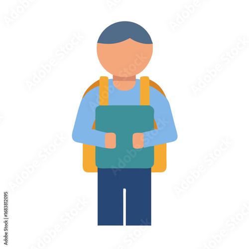 Student with backpack holding notebook in flat design style