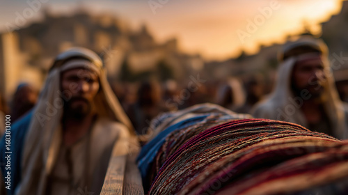 King David’s funeral procession at dawn moves solemnly through Jerusalem, his body on an ornate bier wrapped in blue and gold, with mourners silently carrying olive branches under a pale orange sky..