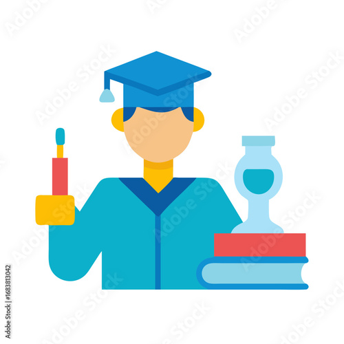 Flat design graduate with book, flask, and candle elements