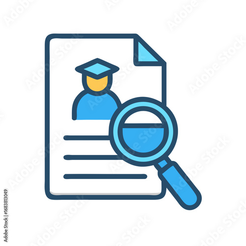Graduate application review process with magnifying glass icon