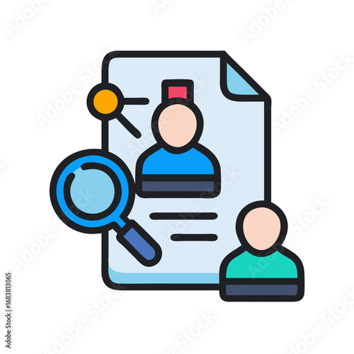 Job application review icon featuring magnifying glass analysis
