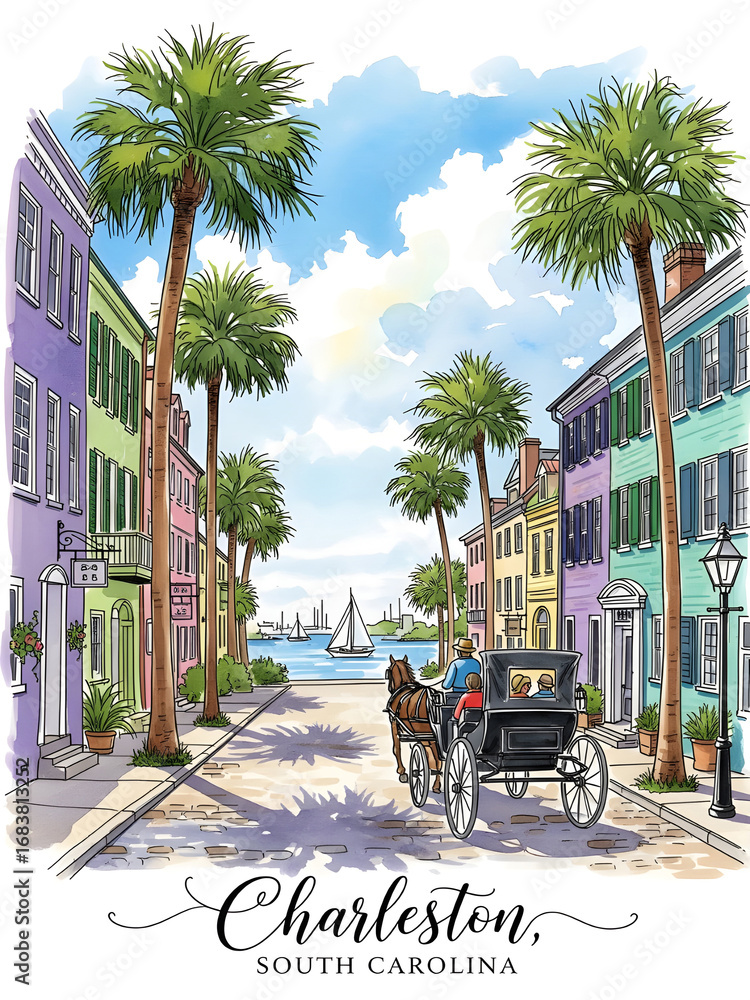 Naklejka premium Historic charleston south carolina street scene with horse drawn carriage and palm trees