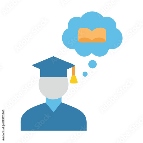 Graduate student dreams about a book in thought bubble