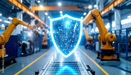 Wallpaper Mural Digital shield protecting robotic arms in industrial factory setting Torontodigital.ca