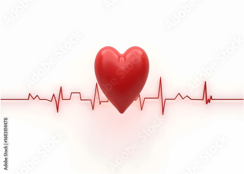 Red 3d heart symbol overlayed on a realistic heartbeat ECG line animation
