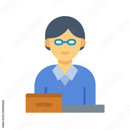 Flat design office worker with desk and document box