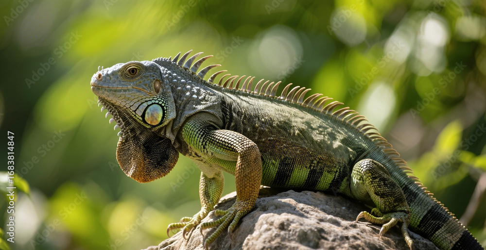 Fototapeta premium Iguana on a rock in the forest. Ai