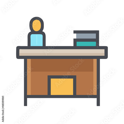 Receptionist stands behind desk with books flat illustration