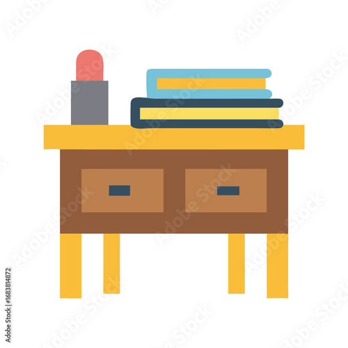Stylized table with books and lipstick graphic illustration