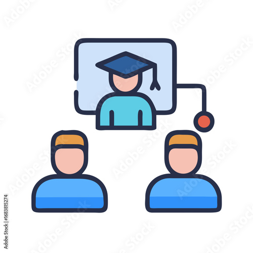 Digital educational platform icon with graduate student and attendees