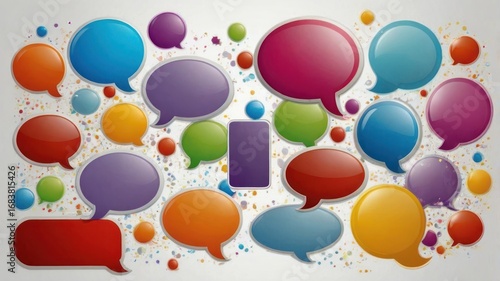 Vibrant Social Media Dialogue: A Dynamic Collage of Colorful, Glossy 3D Speech Bubbles on a Confetti Background.