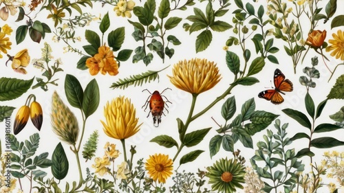 Vintage Botanical Tapestry: A Detailed Collage of Yellow Flowers, Insects, and Verdant Foliage.