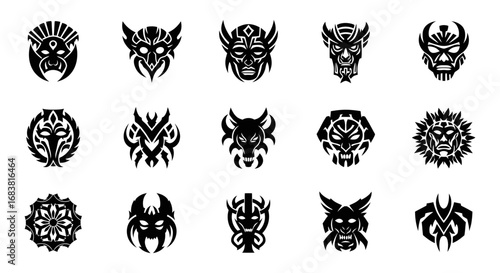 A powerful vector collection of tribal warrior mask icons, featuring stylized black and white demonic and mythical symbols for modern graphic design.