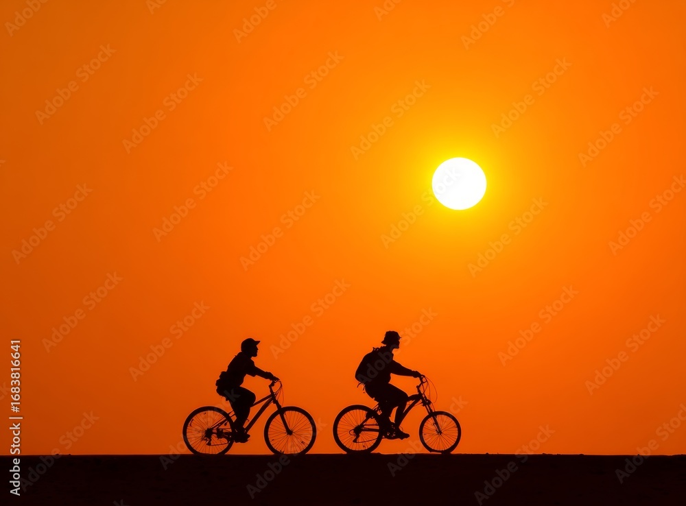 Obraz premium Silhouette of a couple riding bikes at the sunset.