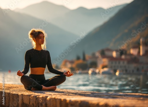 Young woman in black sportswear practicing yoga lotus position on the stone embankment against a background of mountains.