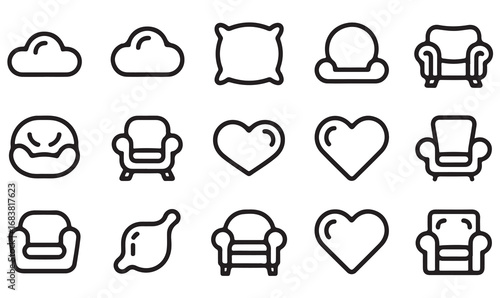 Collection of sofa, cushion, and heart icons in outline style for furniture, decor, and lifestyle projects