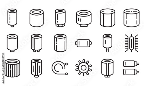 Line art electronic elements collection featuring capacitors, microchips, and parts for design projects