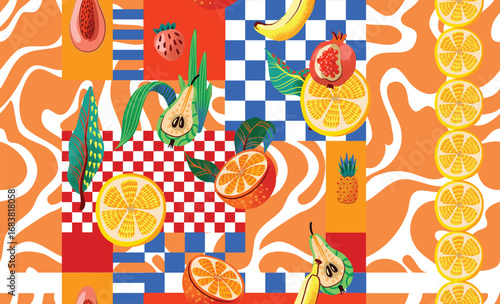 Seamless curve pattern with tropical citrus fruit and papaya
