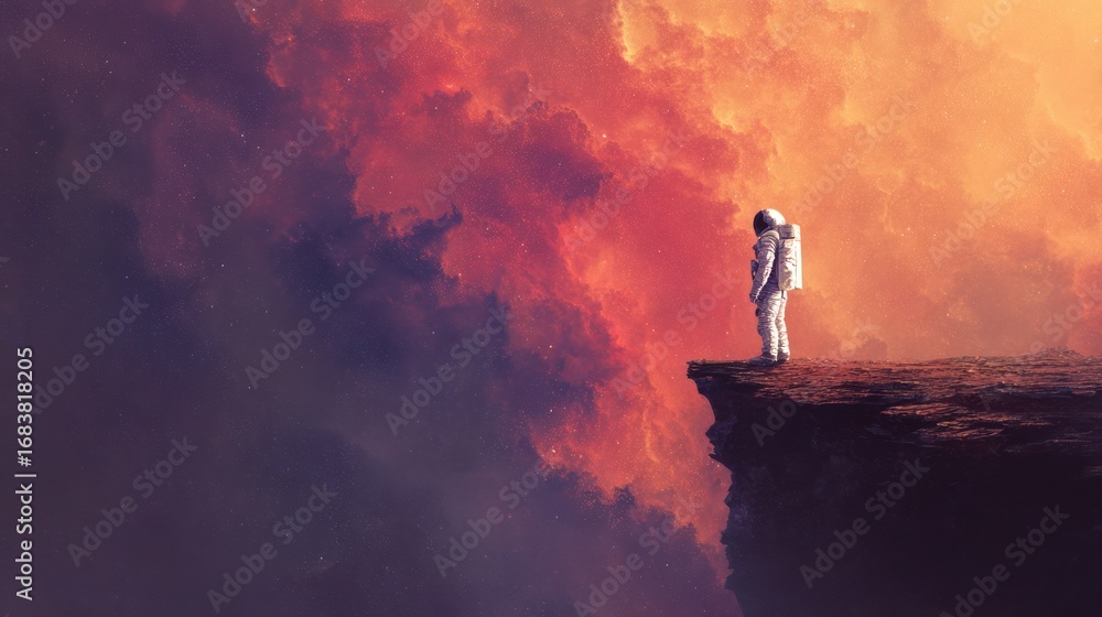 Fototapeta premium Solitary astronaut stands on rocky cliff edge; sky ablaze with ethereal colored clouds