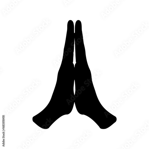 Hands pressed together in prayer or gratitude, black silhouette on white