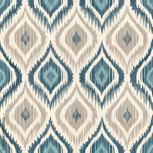 Fotografi Seamless ikat pattern with a bohemian vibe in blue, beige, and cream tones
