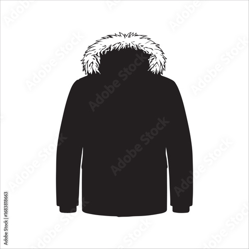 Black winter parka with fur trim isolated on white background vector illustration stylish cold weather outerwear trendy design simple silhouette