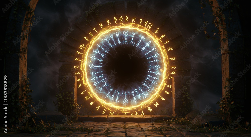 Fototapeta premium Glowing circular portal in dark structure