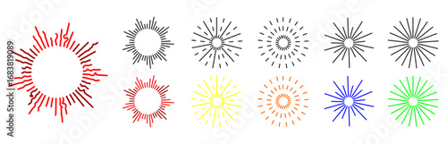 Line firecrackers. Colorful radial firework linear sun icons, circular fireworks starburst explosion with sparkles. Vibrant festive decoration, celebration design, overlay effect. Simple vector set