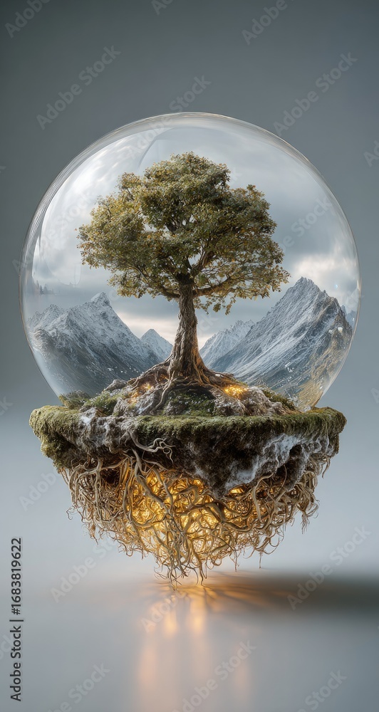 Fototapeta premium Floating, crystalline sphere holding a miniature, verdant landscape