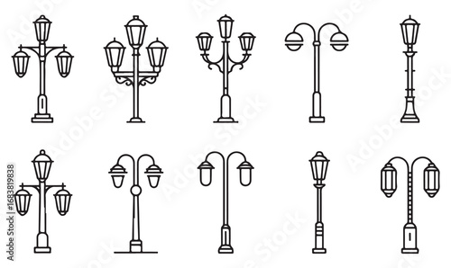 Outdoor lamp post illustrations including traditional, retro, and modern designs in black line art