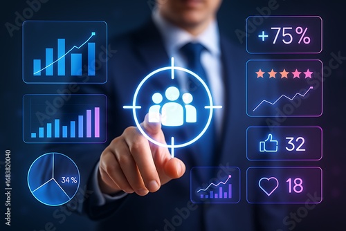 Business digital analytics with target audience hologram social media engagement data growth metrics futuristic technology user interface glowing customer strategy analysis innovation