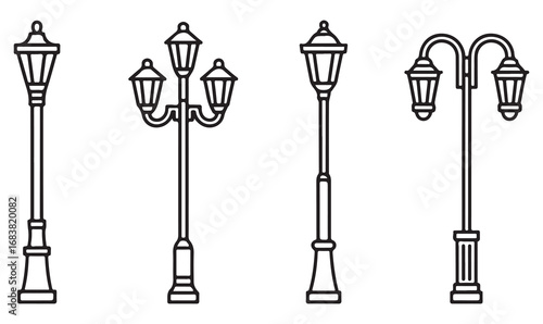 City street lighting icon set with classic lamp posts and lantern illustrations in linear style