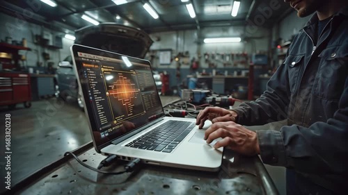 Car diagnostics on laptop in auto repair shop with open hood vehicle and industrial workbench in background