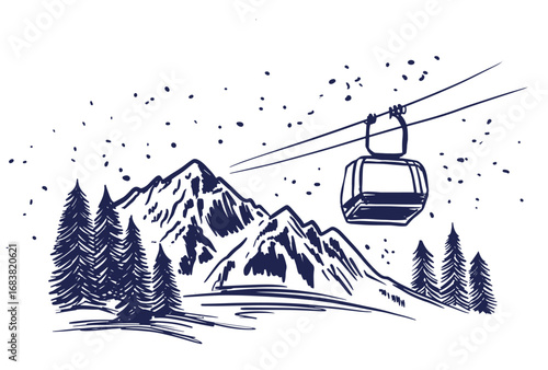 Ski lift in mountain, on white, sketch, hand drawn illustrations