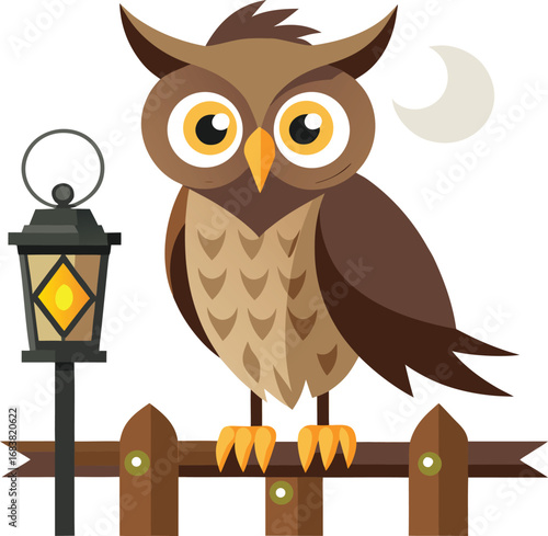 Owl Perched On Fence With Glowing Lantern