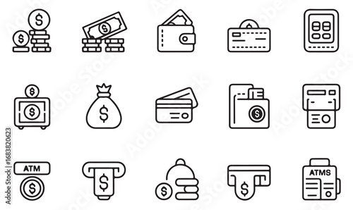 Finance line art icons collection featuring payment, savings, credit cards, and cash elements for design use